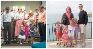 Left: Our family being commissioned by the Offerings Community before coming to Spain. Right: 10 months later in Spain.